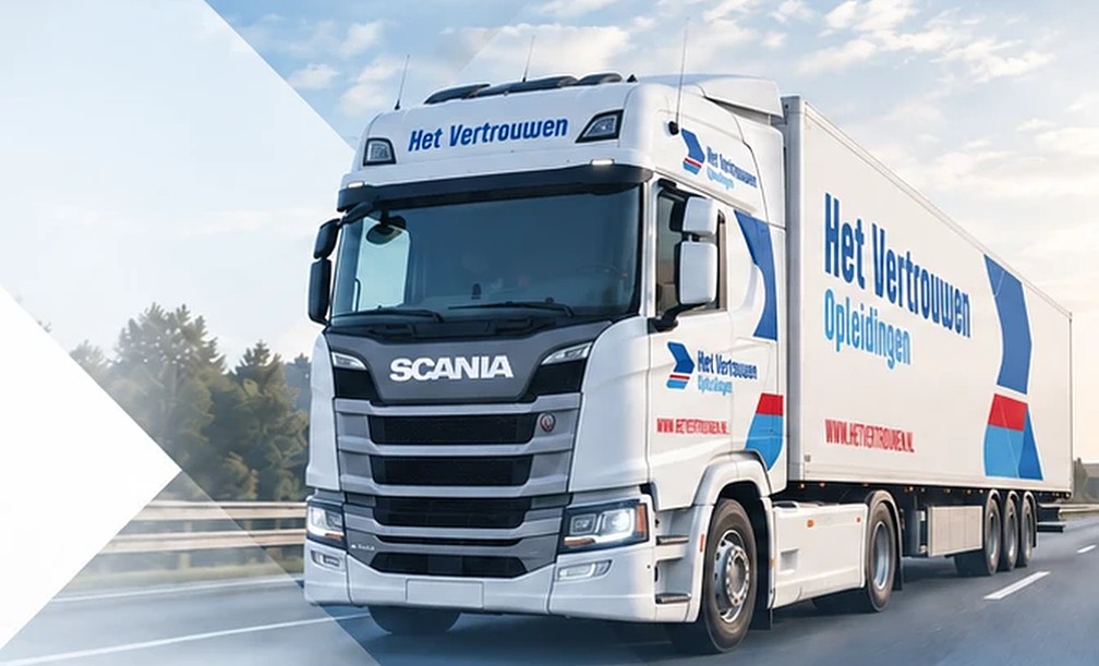 Lesauto, vrachtwagen en touringcar in de huisstijl van Het Vertrouwen Opleidingen