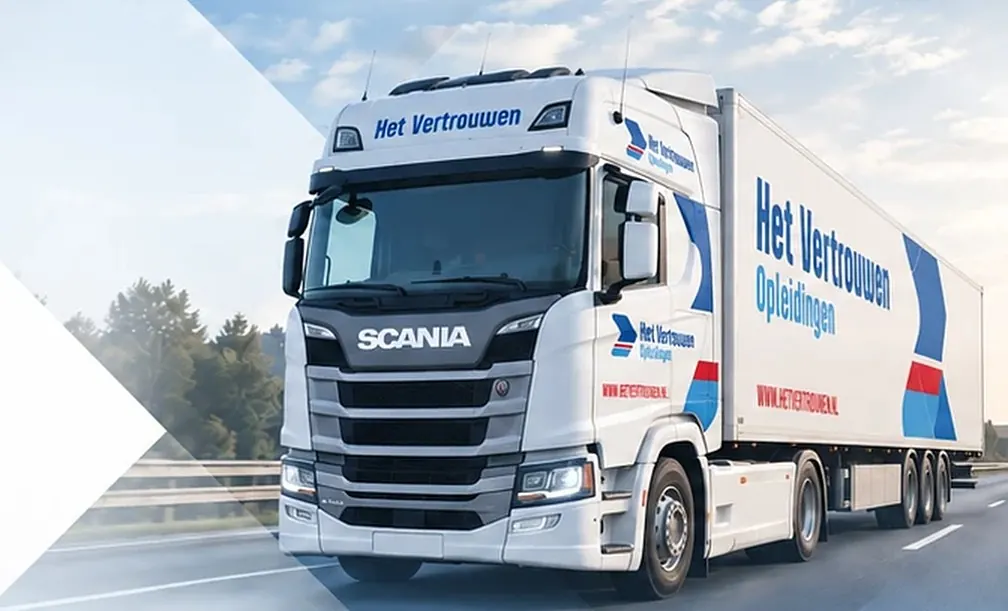 Lesauto, vrachtwagen en touringcar in de huisstijl van Het Vertrouwen Opleidingen