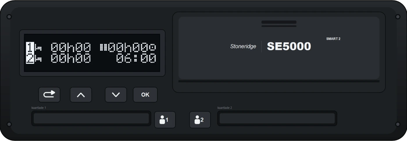 Simulator met het frontpaneel van de Stoneridge SE5000 Smart 2: display, bedieningstoetsen en twee kaartladen
